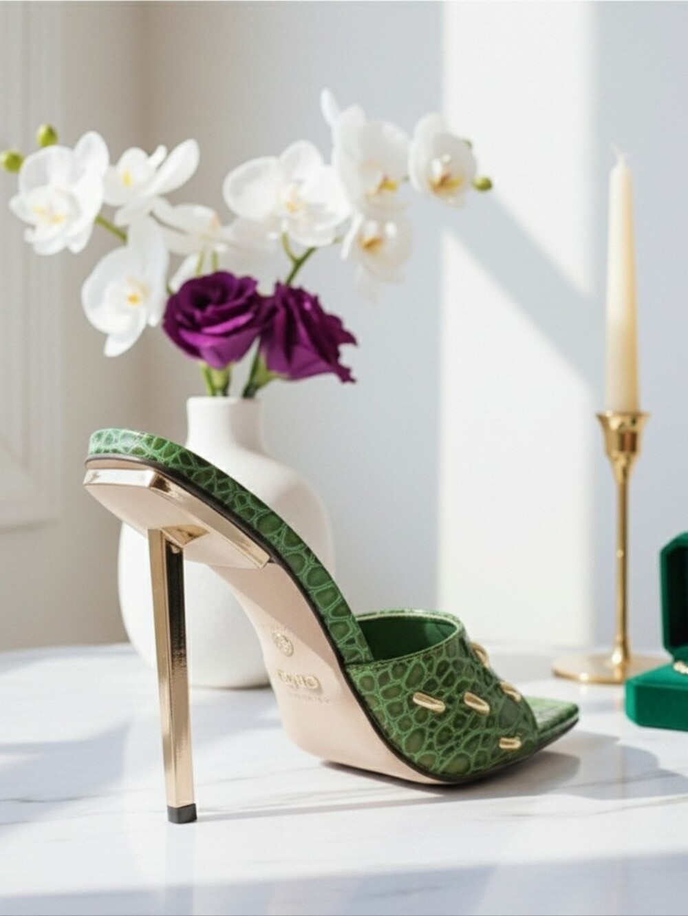 Green Crocodile-Embossed Women's Heels - Picture 3 of 9